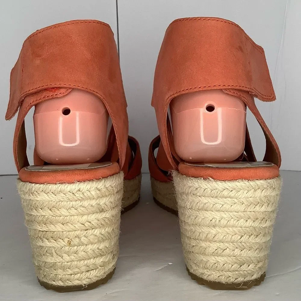 Eileen Fisher Willow Tumbled Orange Leather Wedge Espadrille Women Sandals Sz 9
